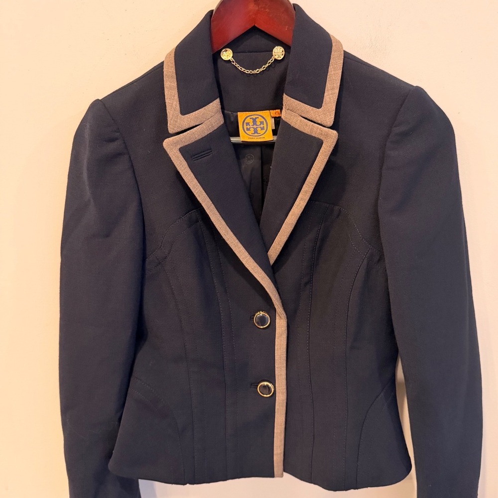 Tory Burch Navy Blazer Women 2 Tan Trim Gold Logo Buttons Equestrian Jacket